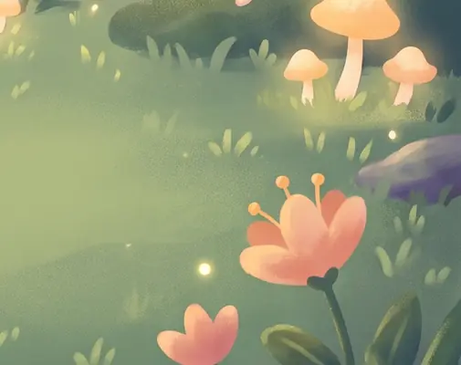 Setas que brillan entre la hierba y flores de color melocotón